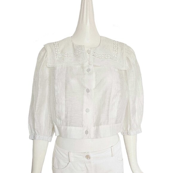 SANDRO WHITE NORMANDIE LACE TRIM SHIRT (3) - Picture 1 of 12